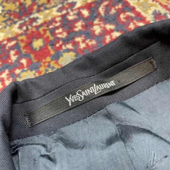 VTG 80s 90s YSL Yves Saint Laurent Navy Wool Double Breasted Suit Coat Gold 52 - Picture 4 of 12